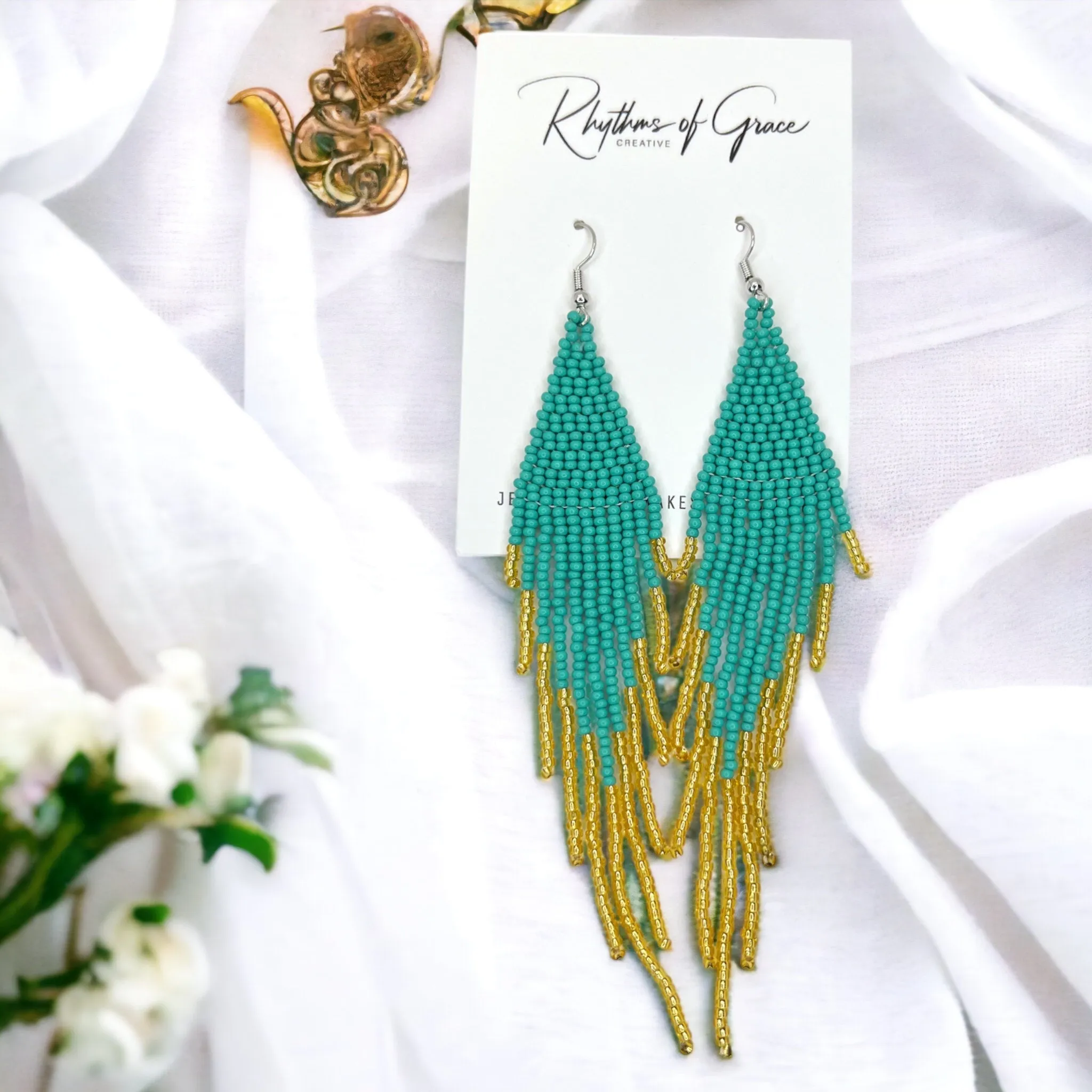 Boho Beaded Earrings - Teal and Gold, Boho Earrings, Bohemian Style, Kentucky Derby, Beaded Accessories, Handmade Jewelry