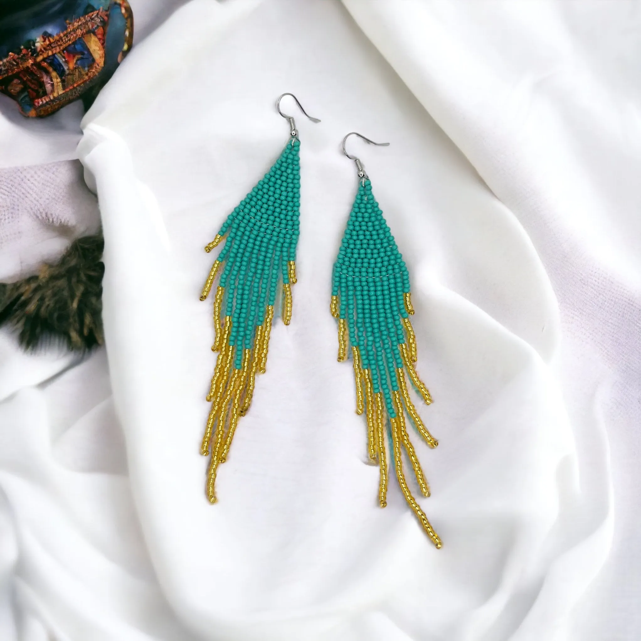 Boho Beaded Earrings - Teal and Gold, Boho Earrings, Bohemian Style, Kentucky Derby, Beaded Accessories, Handmade Jewelry