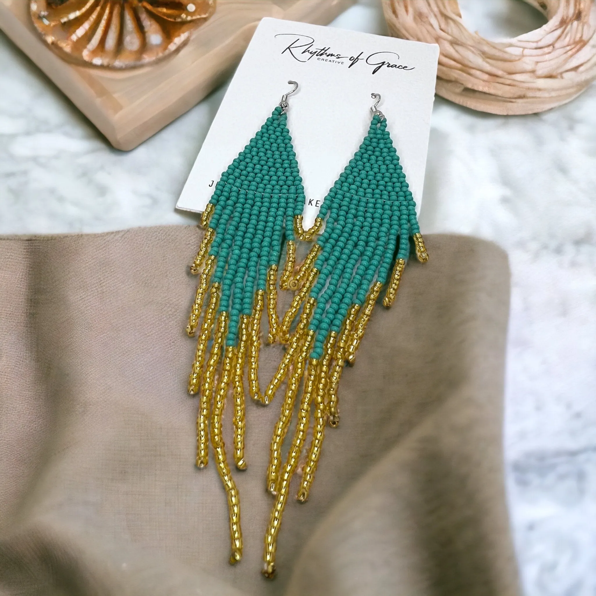 Boho Beaded Earrings - Teal and Gold, Boho Earrings, Bohemian Style, Kentucky Derby, Beaded Accessories, Handmade Jewelry