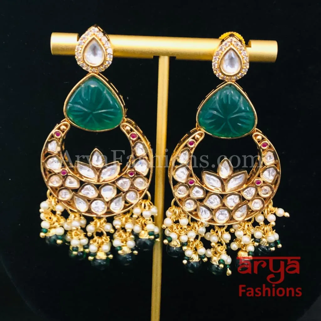 Bridesmaid Pacchi Kundan Chandbali Earrings/ Emerald Green Kundan Earrings