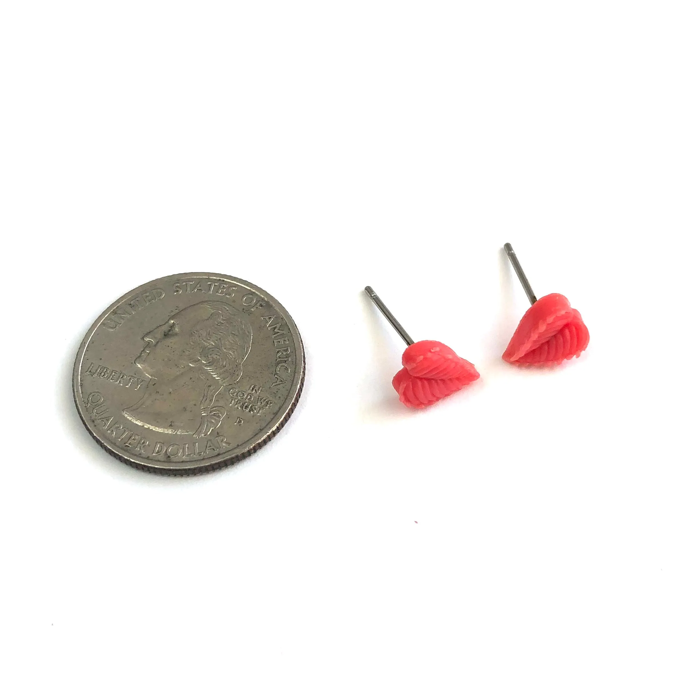 Bright Coral Serrated Leaf Stud Earrings