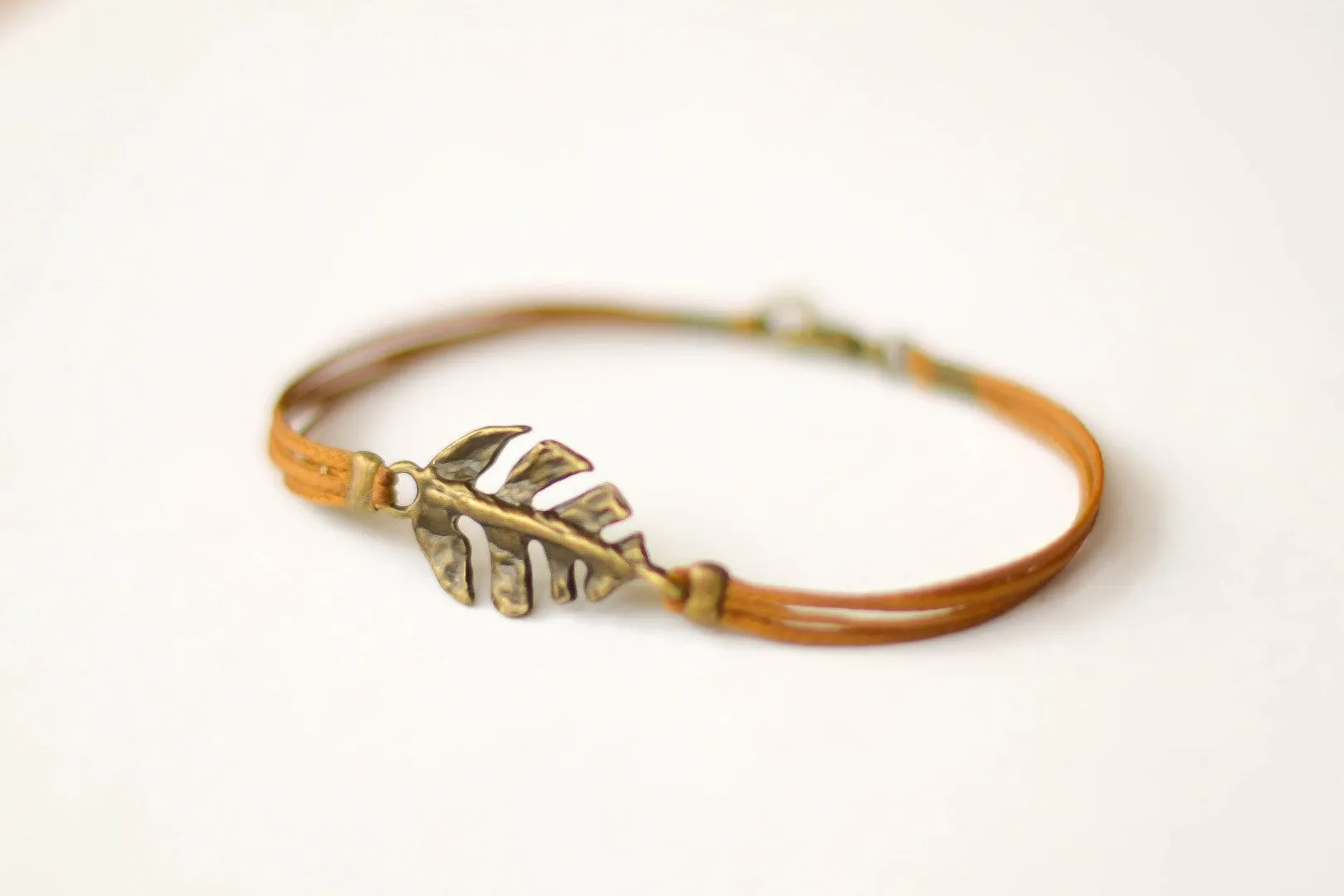 Bronze Leaf charm bracelet for men, brown cord, gift for him, Valentine's day gift