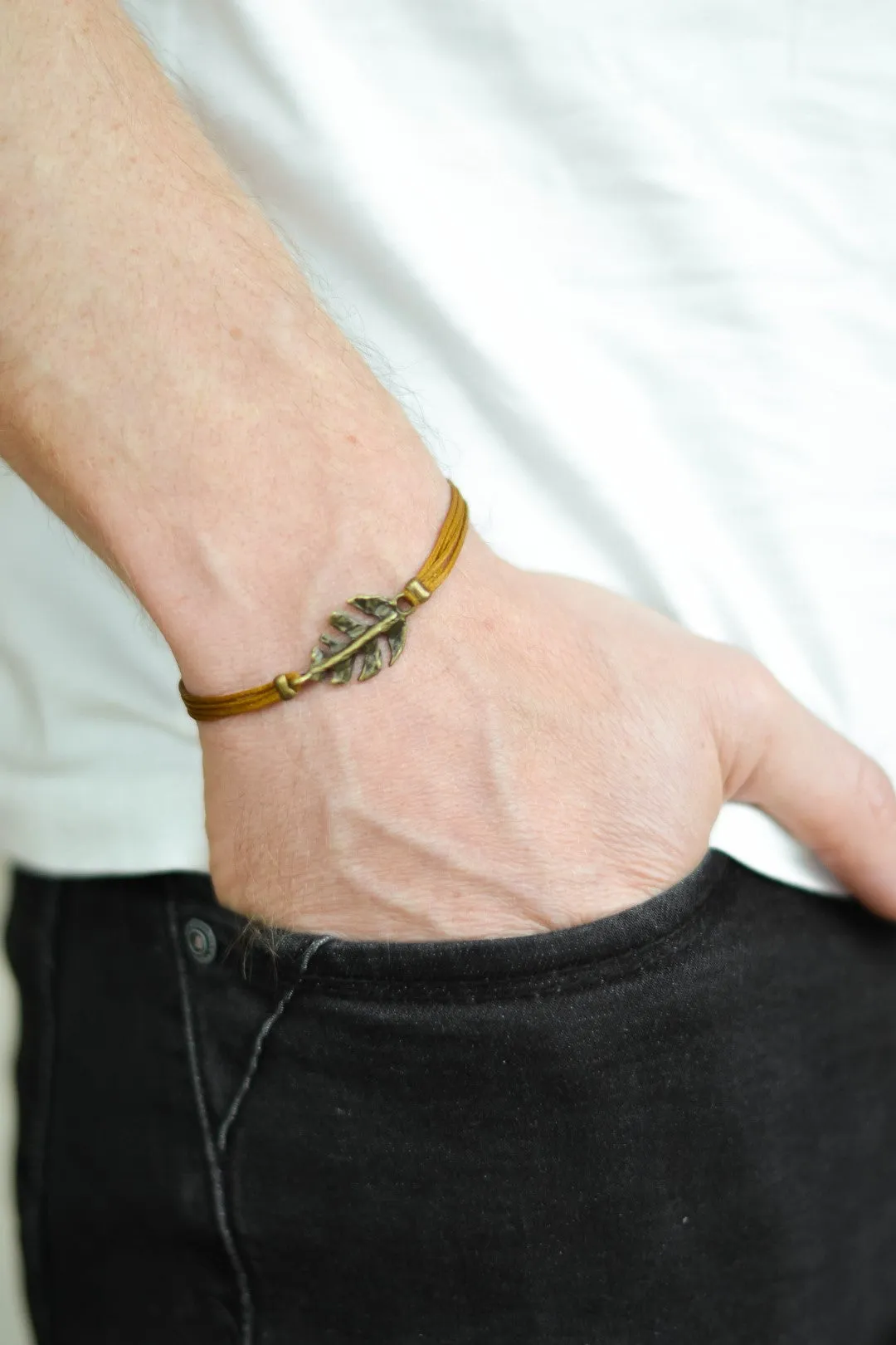 Bronze Leaf charm bracelet for men, brown cord, gift for him, Valentine's day gift