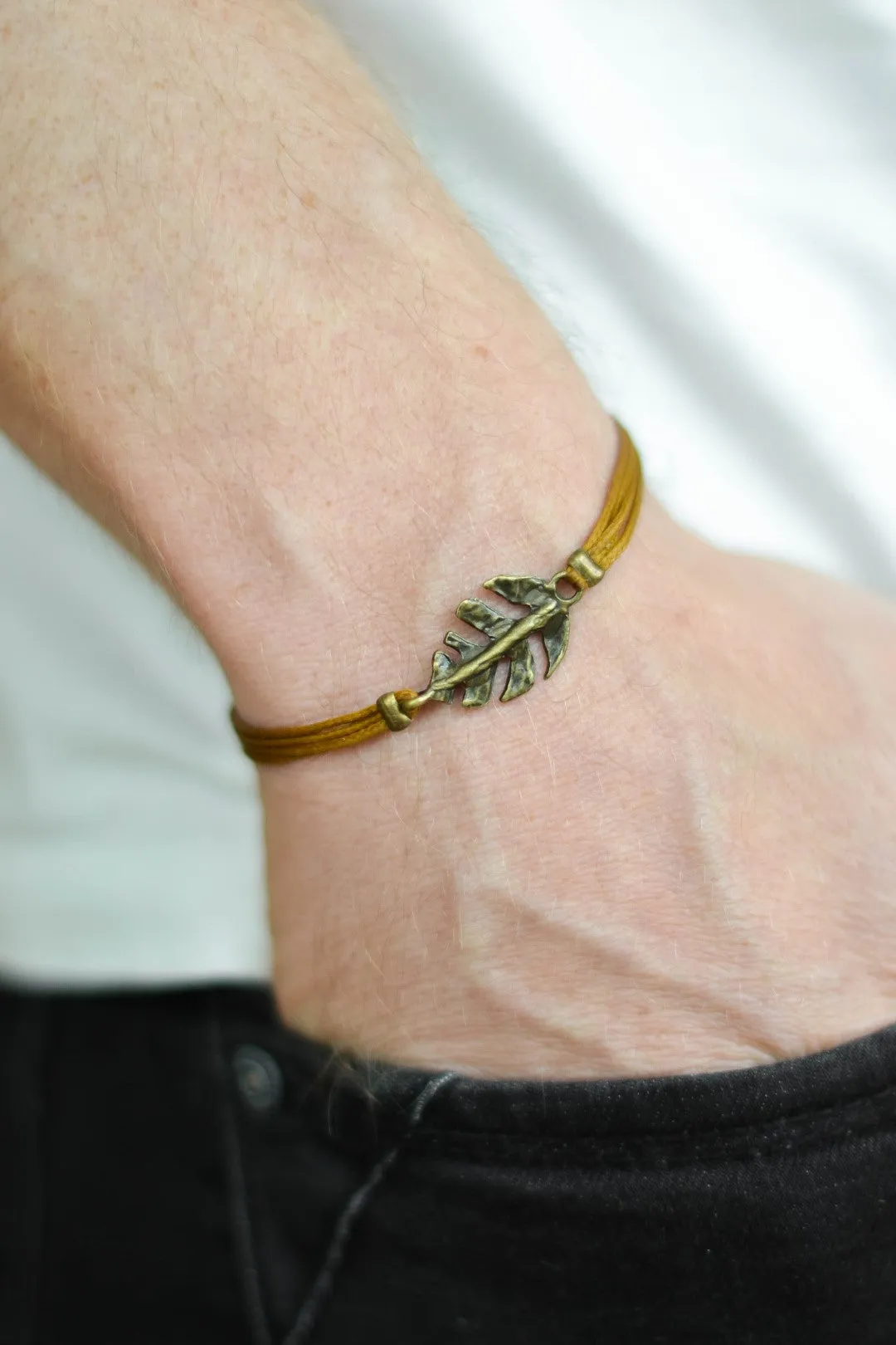 Bronze Leaf charm bracelet for men, brown cord, gift for him, Valentine's day gift