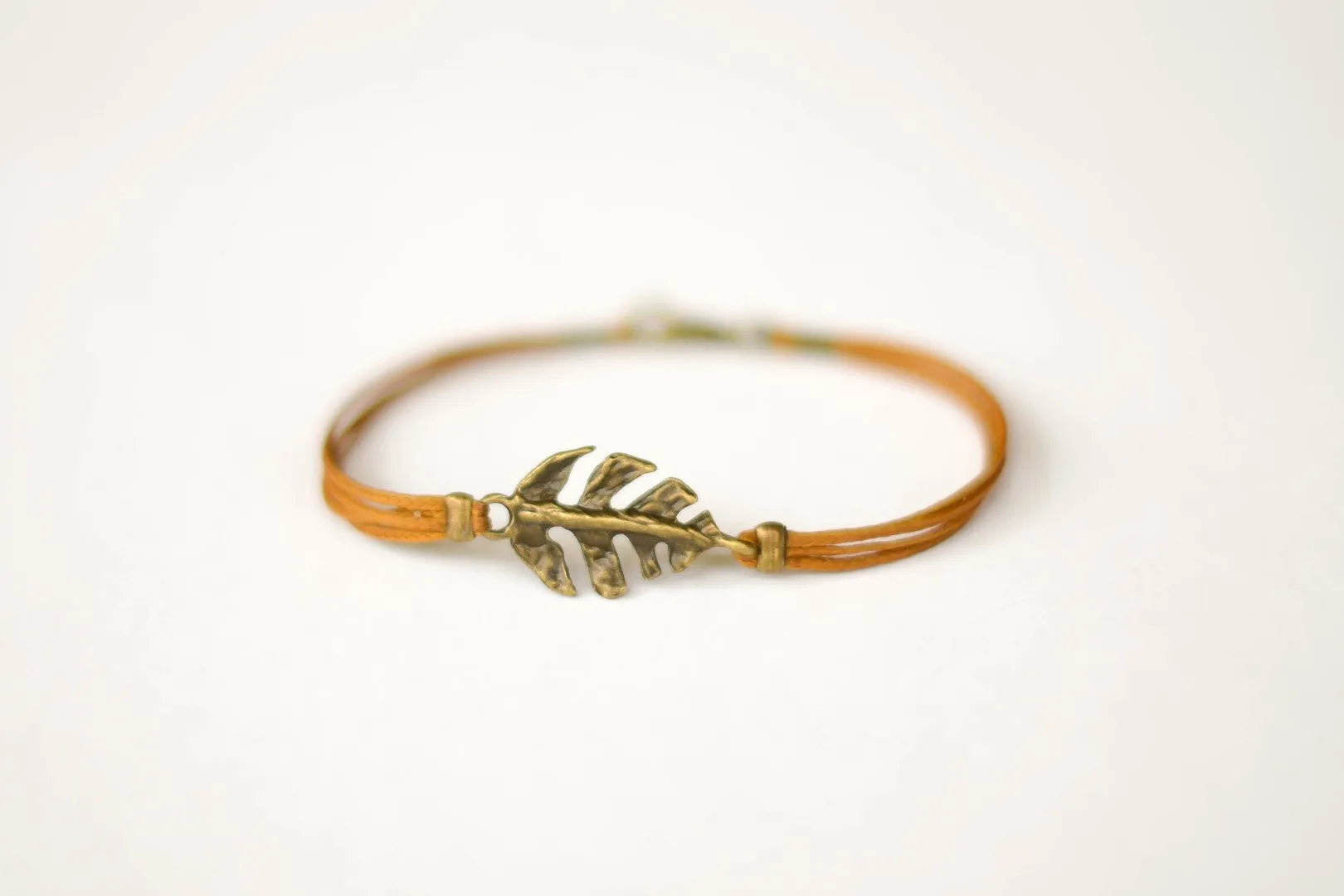 Bronze Leaf charm bracelet for men, brown cord, gift for him, Valentine's day gift