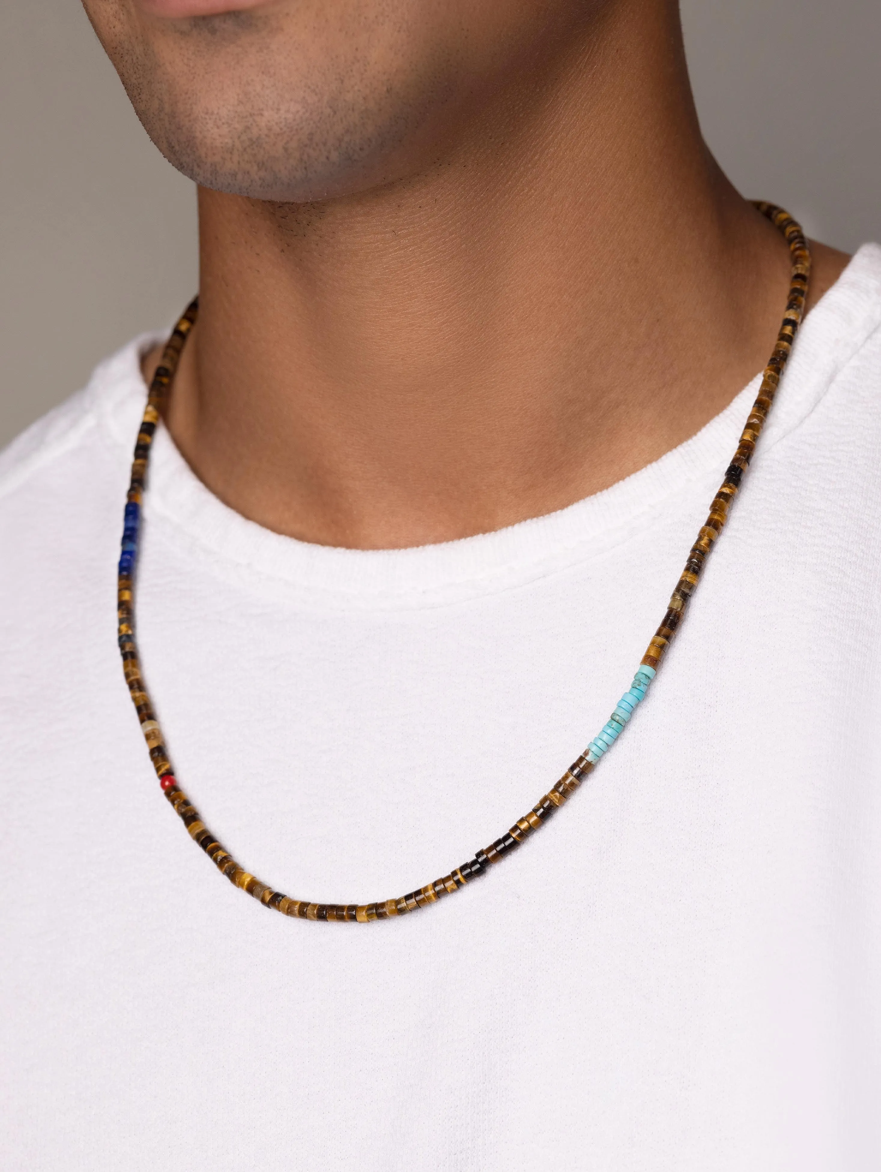 Brown Tiger Eye Heishi Necklace with Blue Lapis and Turquoise