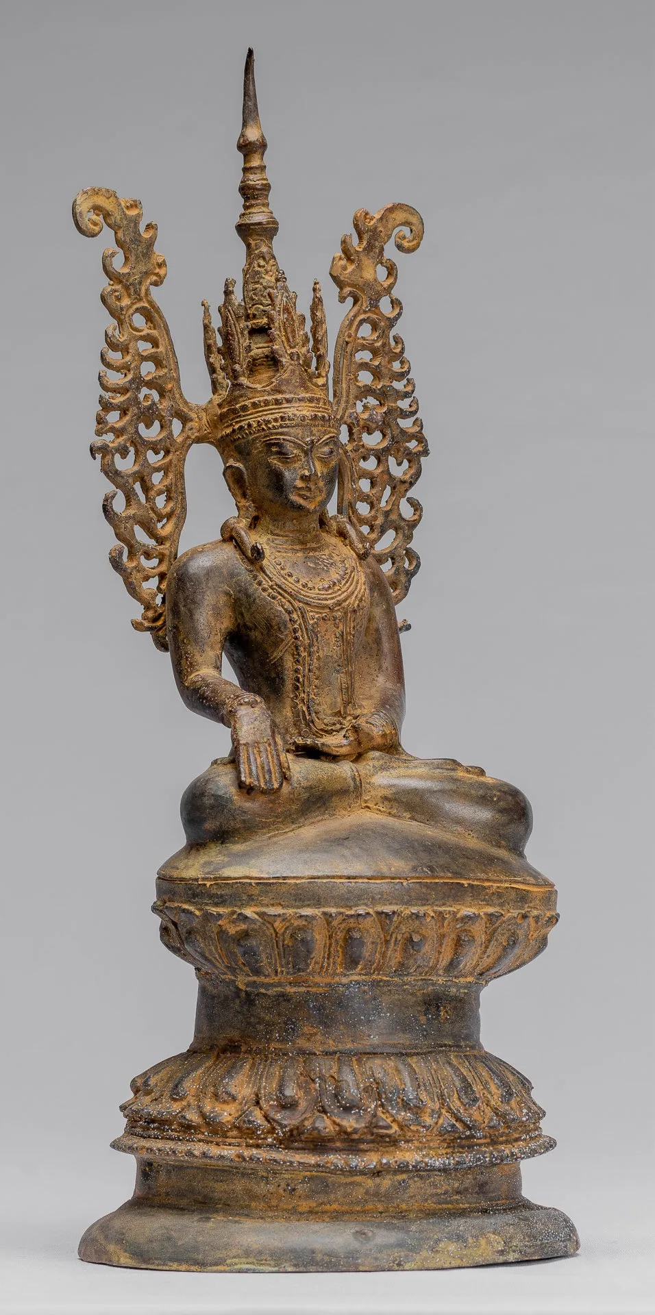 Buddha Statue - Antique Burmese Style Bronze Shan Enlightenment Seated Buddha Statue - 36cm/14"