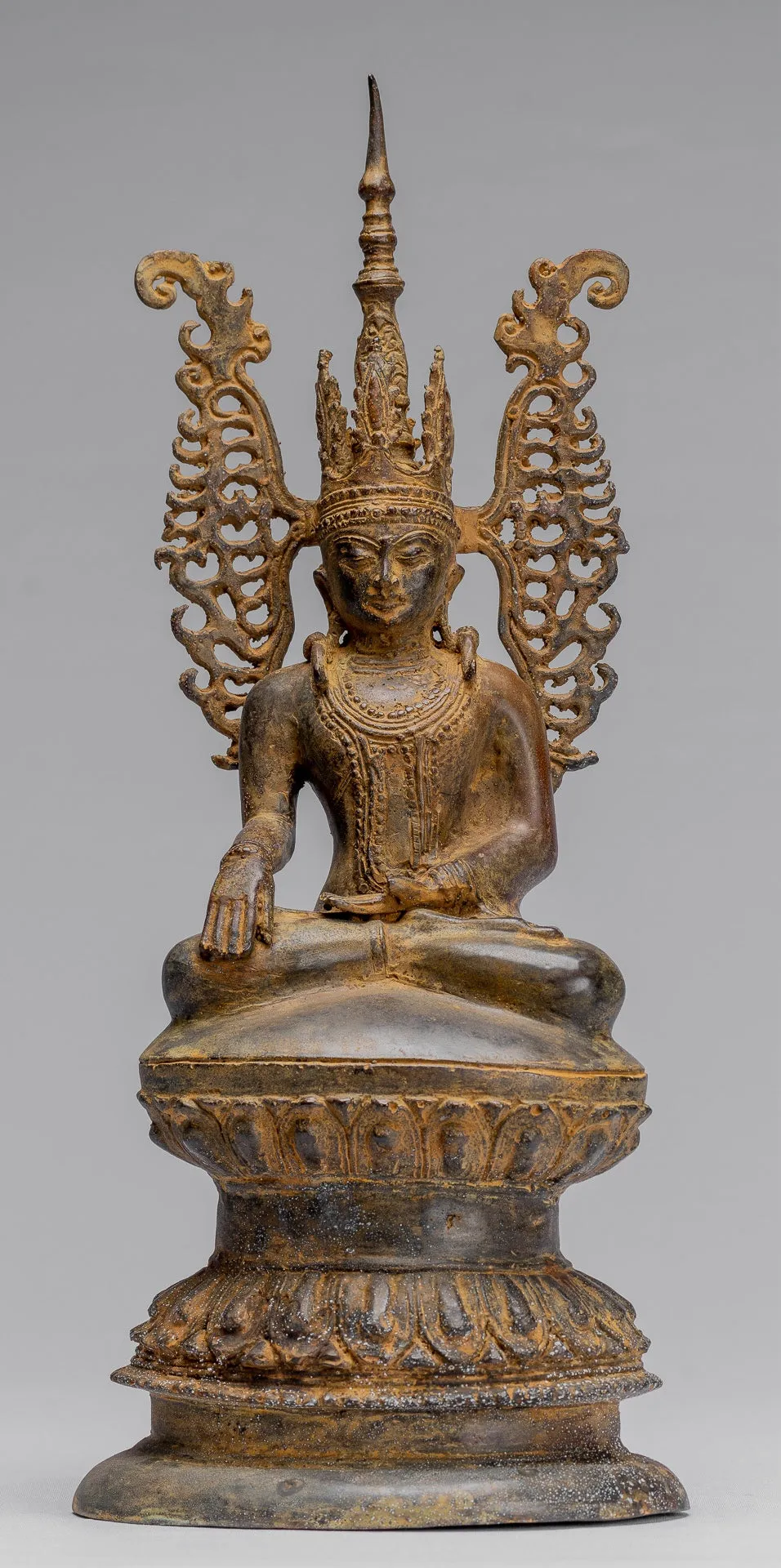 Buddha Statue - Antique Burmese Style Bronze Shan Enlightenment Seated Buddha Statue - 36cm/14"