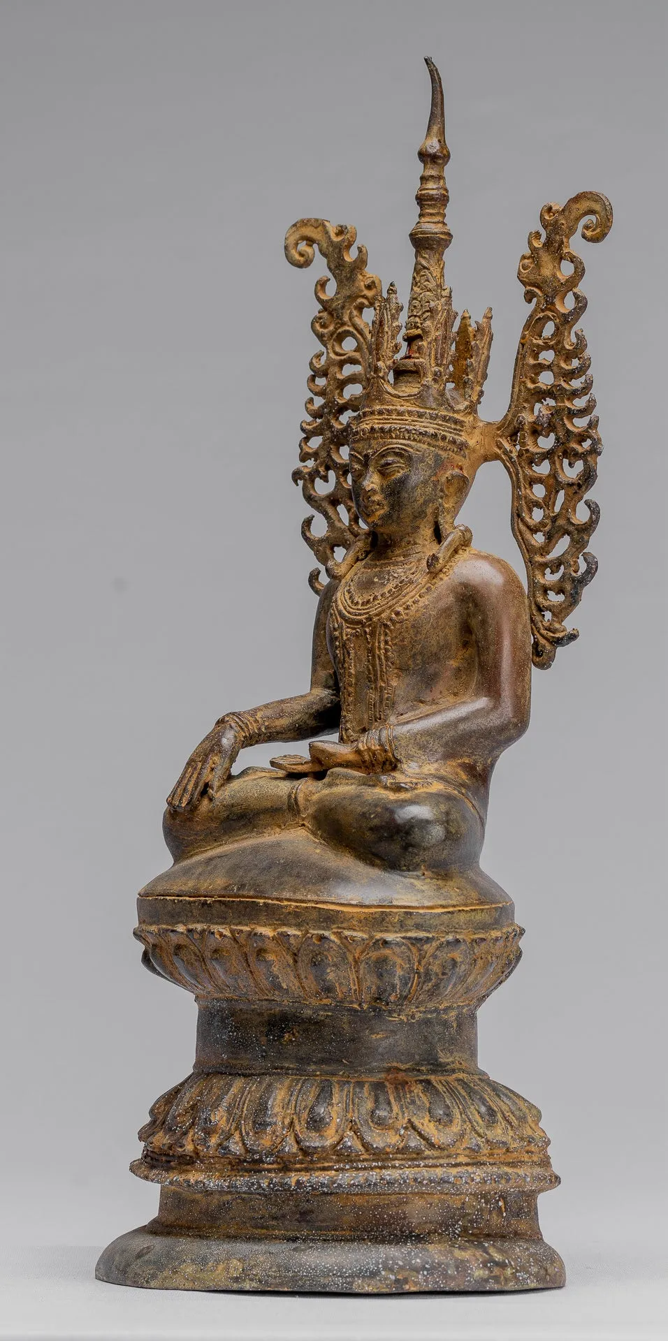 Buddha Statue - Antique Burmese Style Bronze Shan Enlightenment Seated Buddha Statue - 36cm/14"