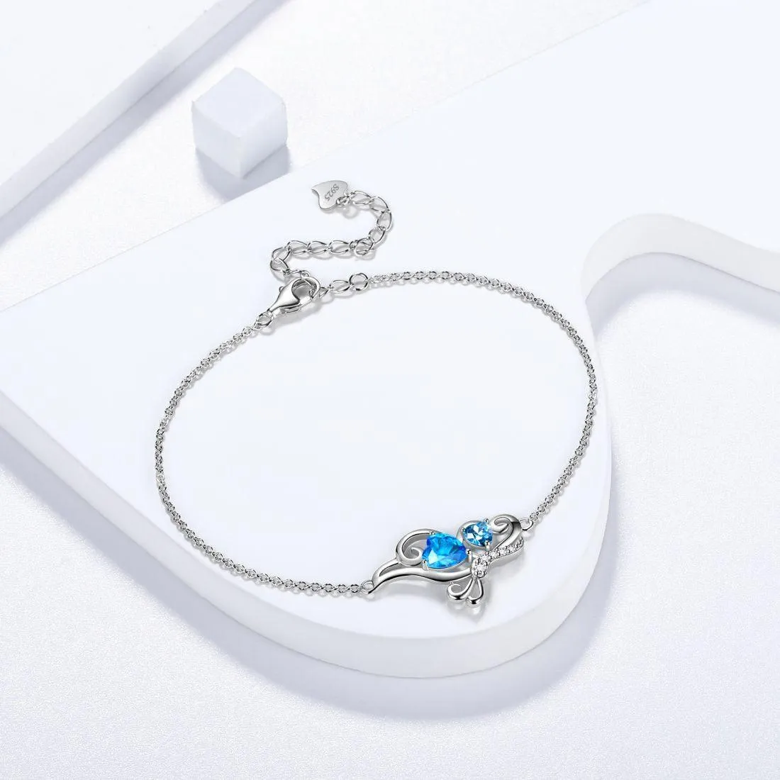 Butterfly Birthstone March Aquamarine Bracelet Women Girls Jewelry Birthday Gift 925 Sterling Silver