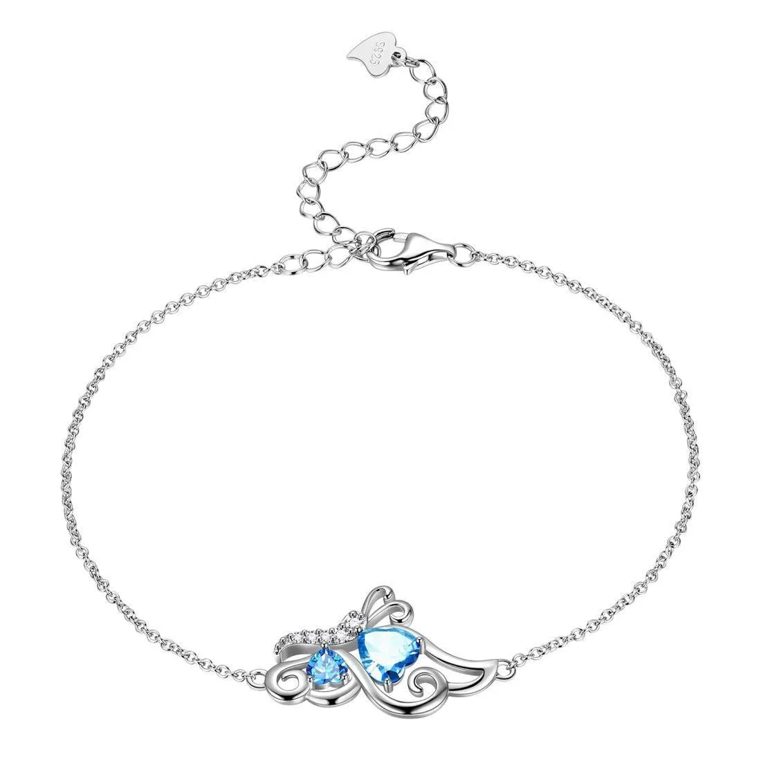 Butterfly Birthstone March Aquamarine Bracelet Women Girls Jewelry Birthday Gift 925 Sterling Silver