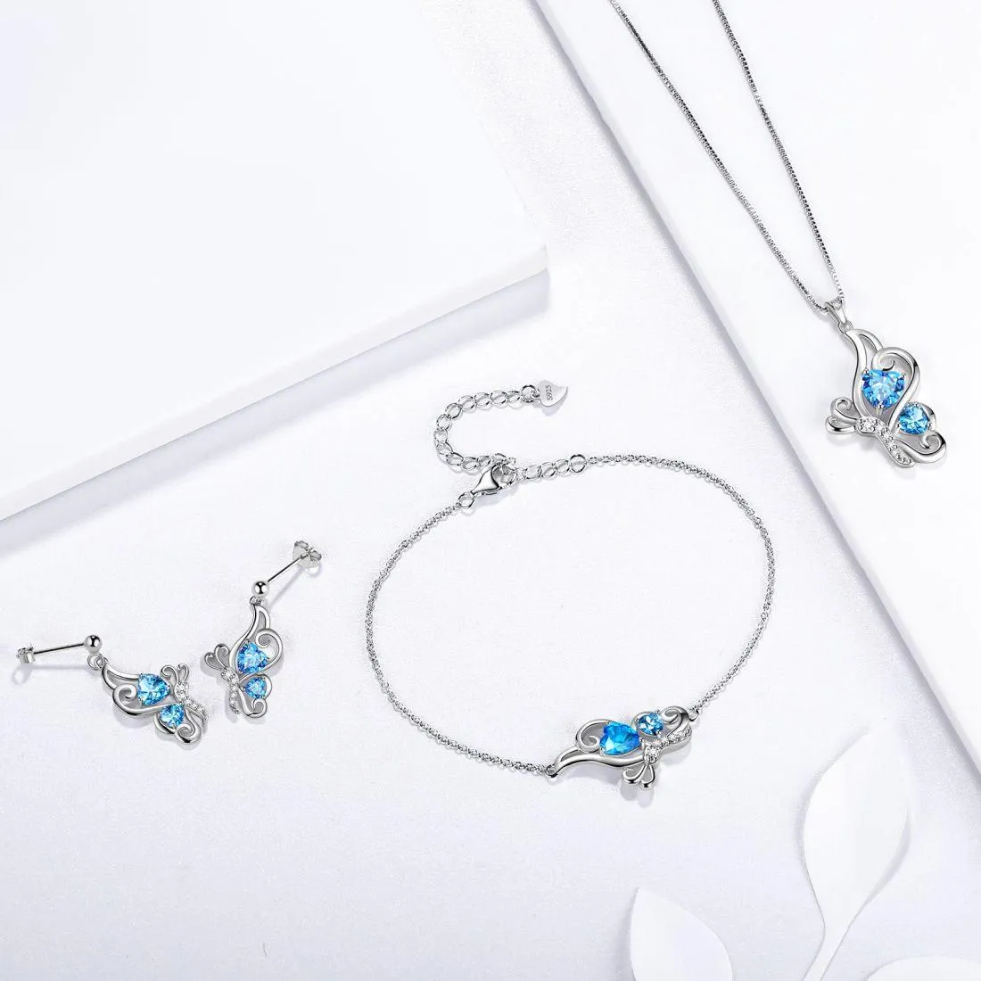 Butterfly Birthstone March Aquamarine Bracelet Women Girls Jewelry Birthday Gift 925 Sterling Silver