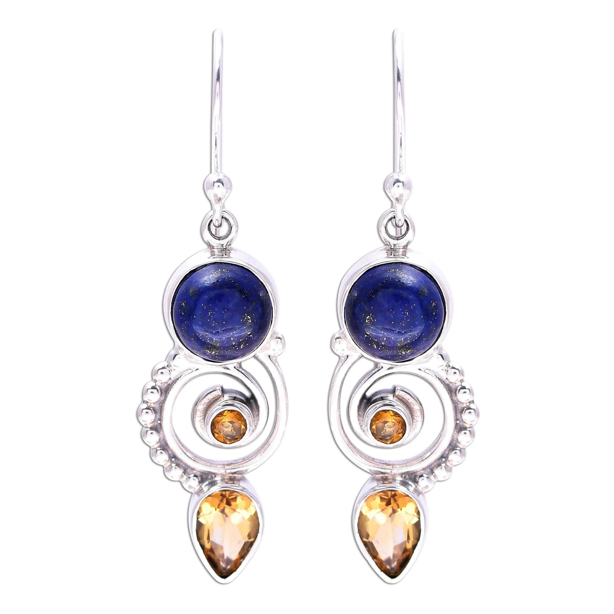 Citrine and Lapis Lazuli Spiral Earrings from India - Majestic Spirals | NOVICA