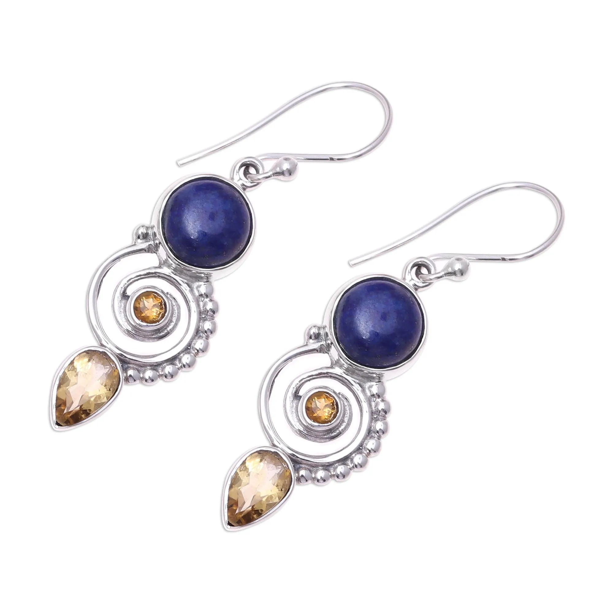 Citrine and Lapis Lazuli Spiral Earrings from India - Majestic Spirals | NOVICA