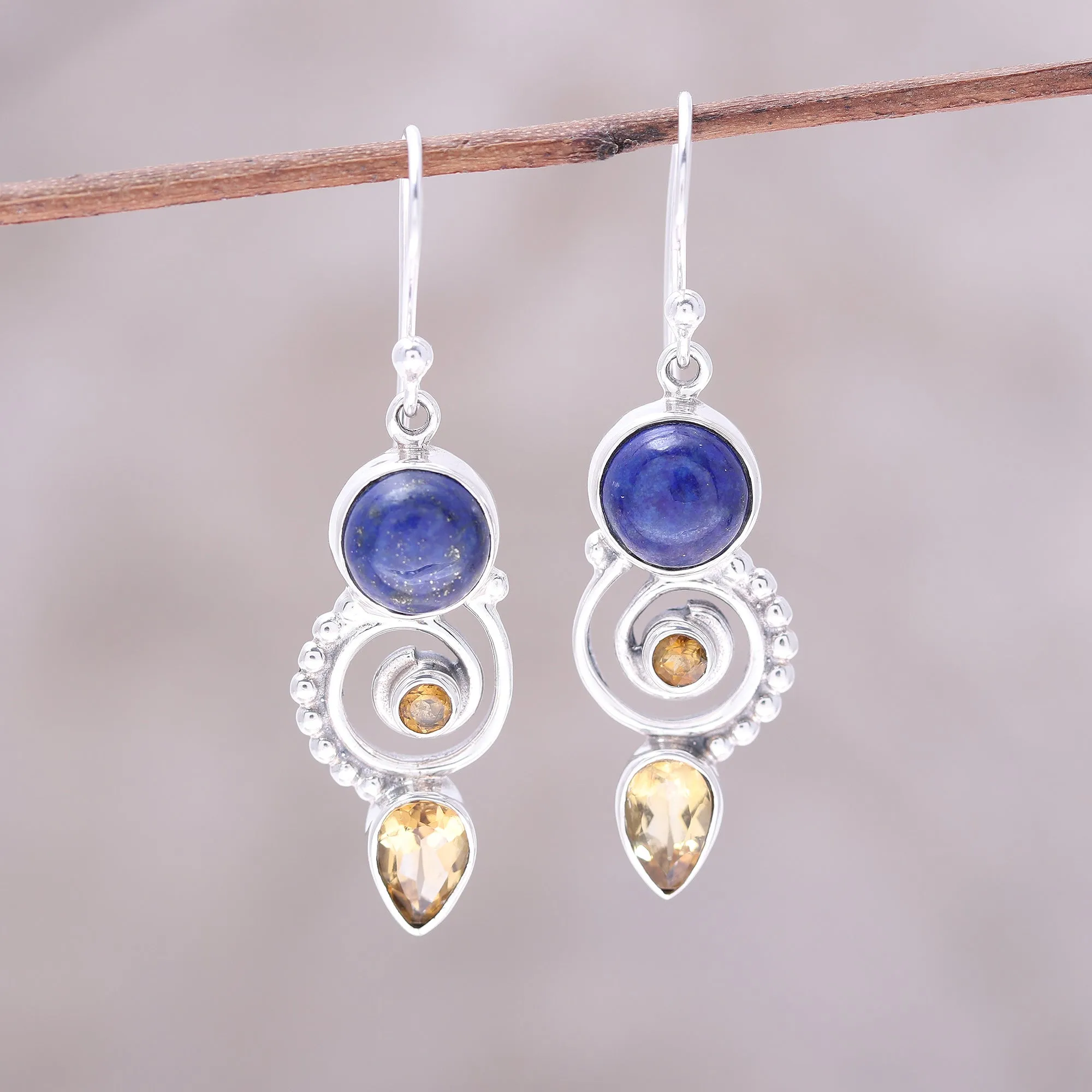 Citrine and Lapis Lazuli Spiral Earrings from India - Majestic Spirals | NOVICA