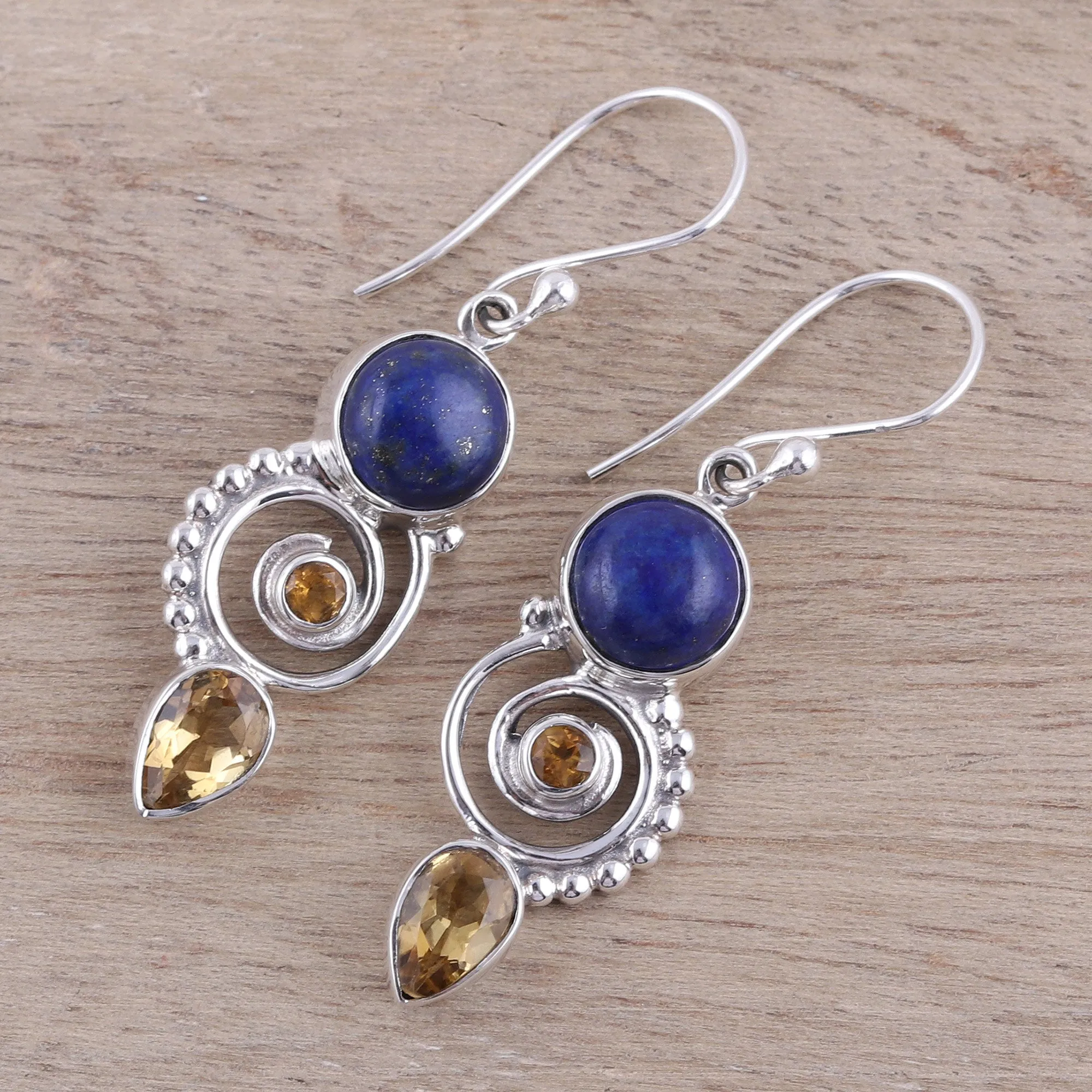 Citrine and Lapis Lazuli Spiral Earrings from India - Majestic Spirals | NOVICA