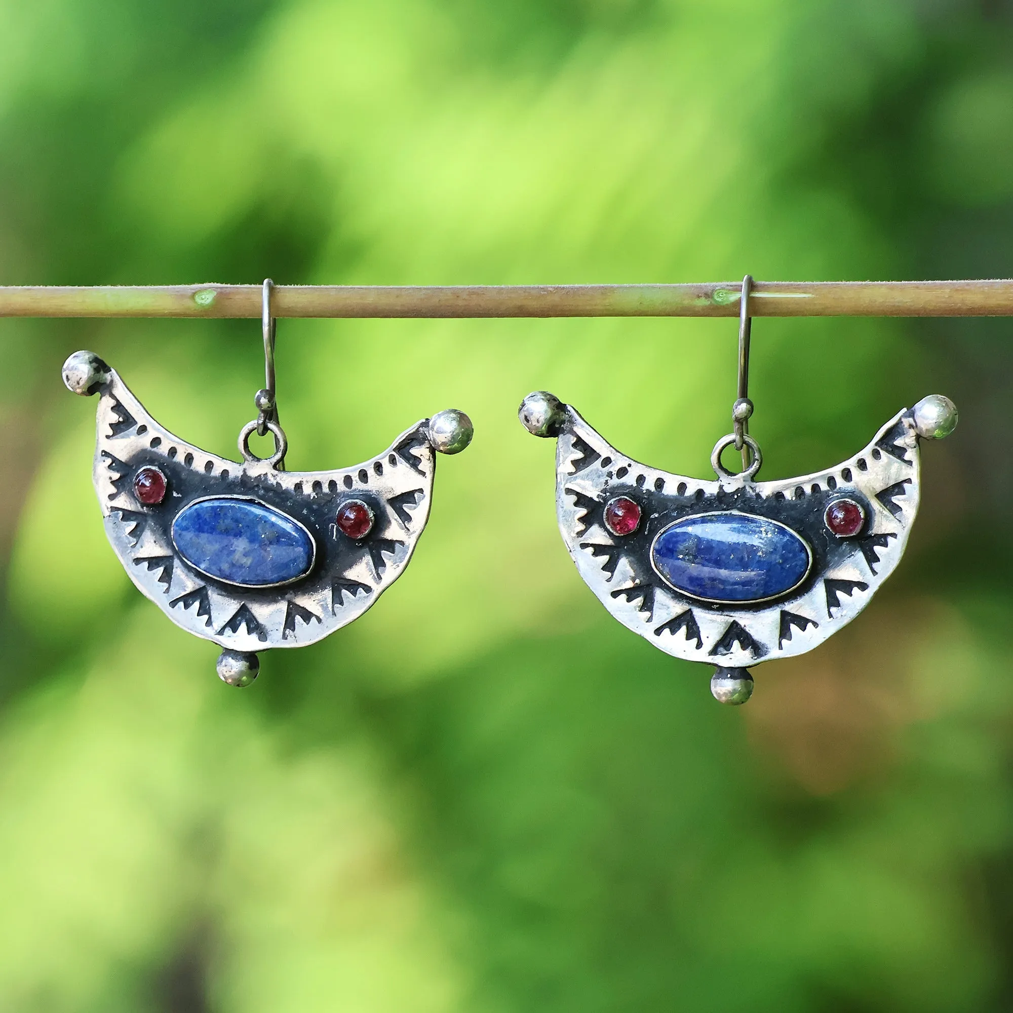 Classic Natural Lapis Lazuli and Garnet Dangle Earrings - Sea and Land | NOVICA