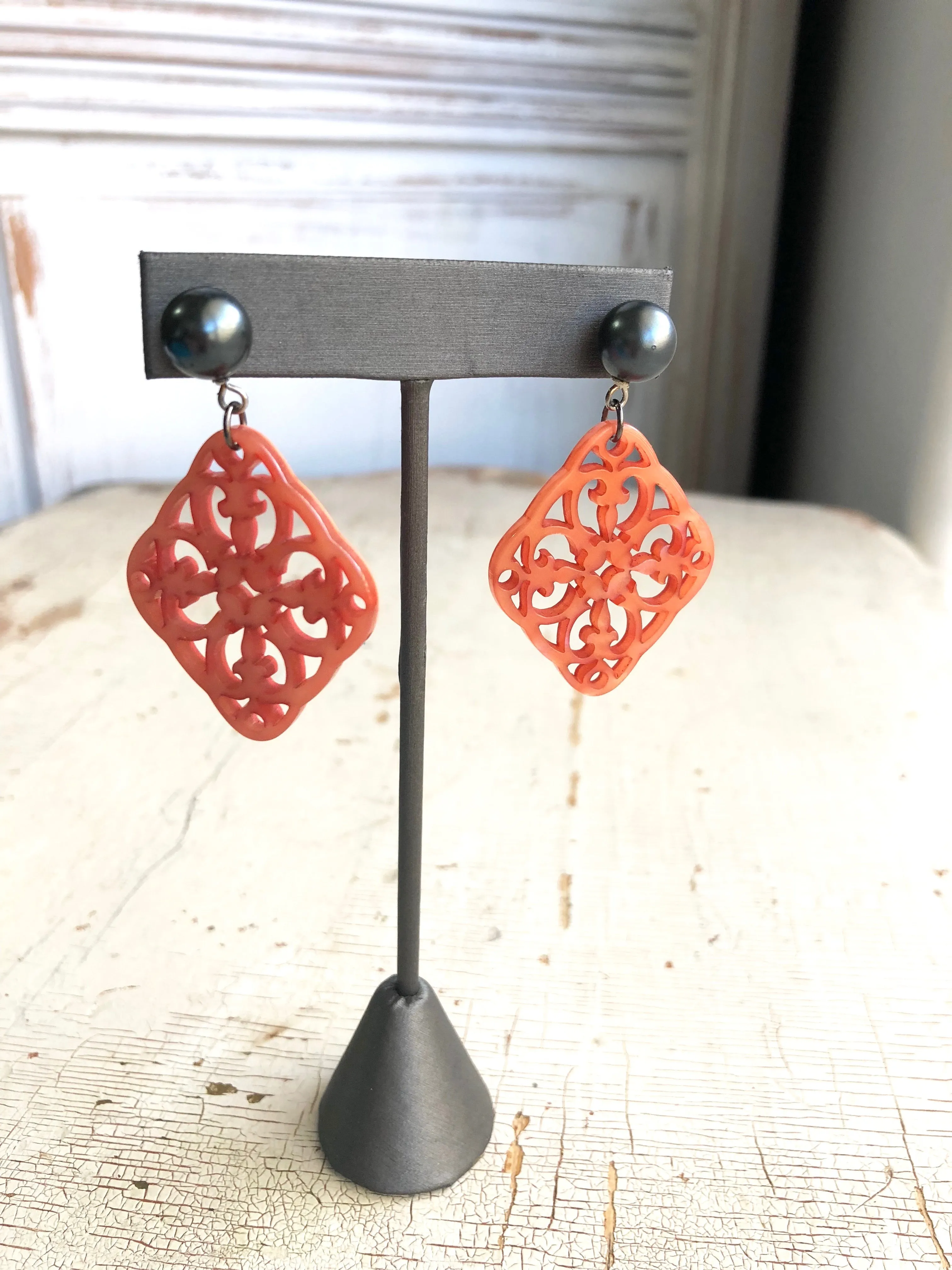 Coral & Slate Grey Pearl Bohemian Lace Medallion Earrings