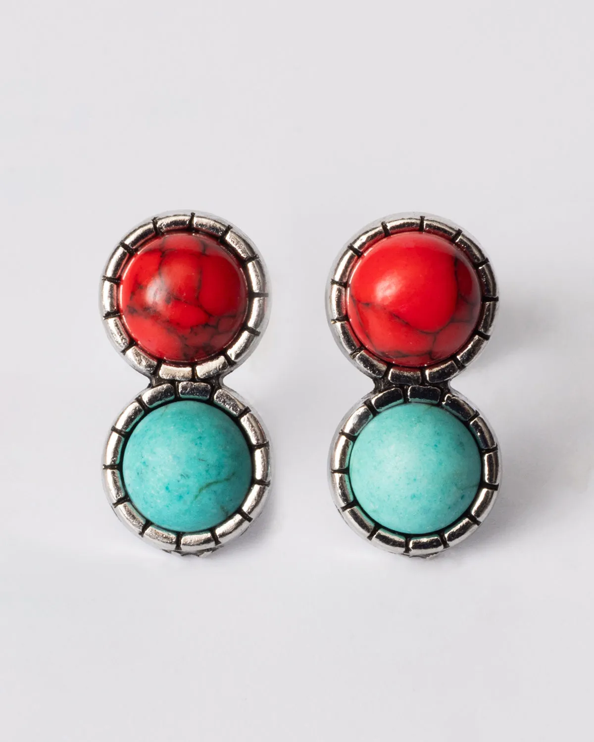 Coral and Turquoise Double Bezel Stud Earrings Coastal Cowgirl