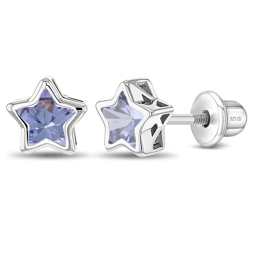 CZ Birthstone Stars Kids / Children's / Girls Earrings Screw Back - Sterling Silver