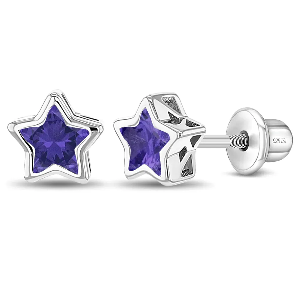 CZ Birthstone Stars Kids / Children's / Girls Earrings Screw Back - Sterling Silver