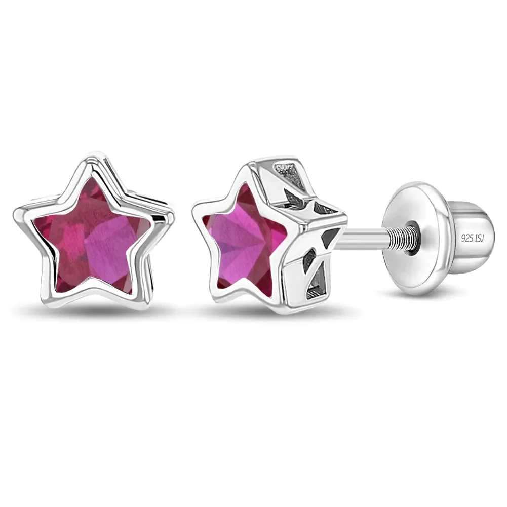 CZ Birthstone Stars Kids / Children's / Girls Earrings Screw Back - Sterling Silver