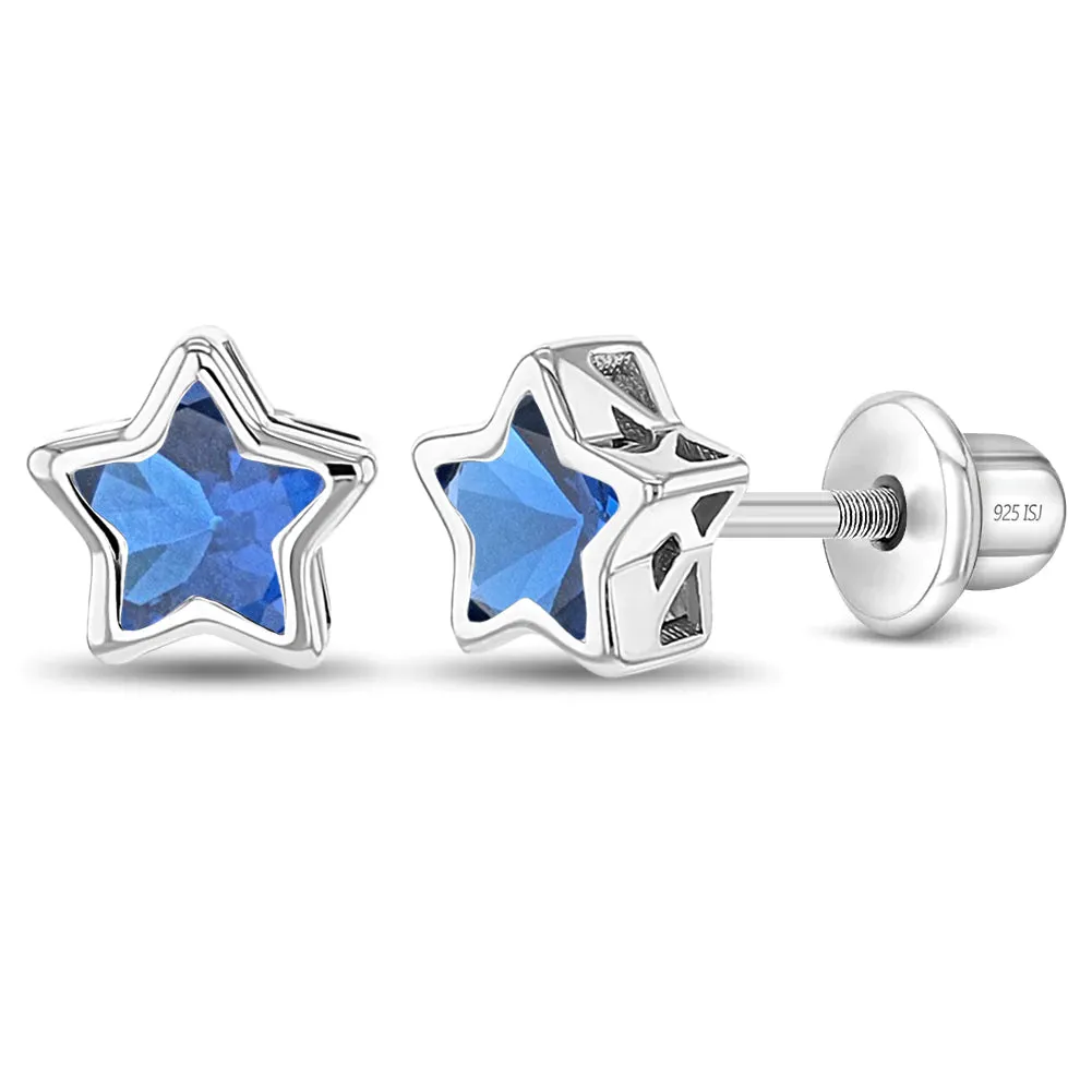 CZ Birthstone Stars Kids / Children's / Girls Earrings Screw Back - Sterling Silver