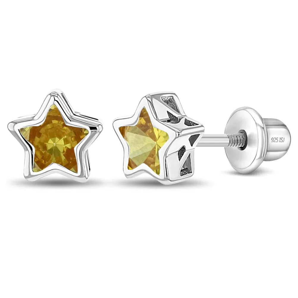 CZ Birthstone Stars Kids / Children's / Girls Earrings Screw Back - Sterling Silver