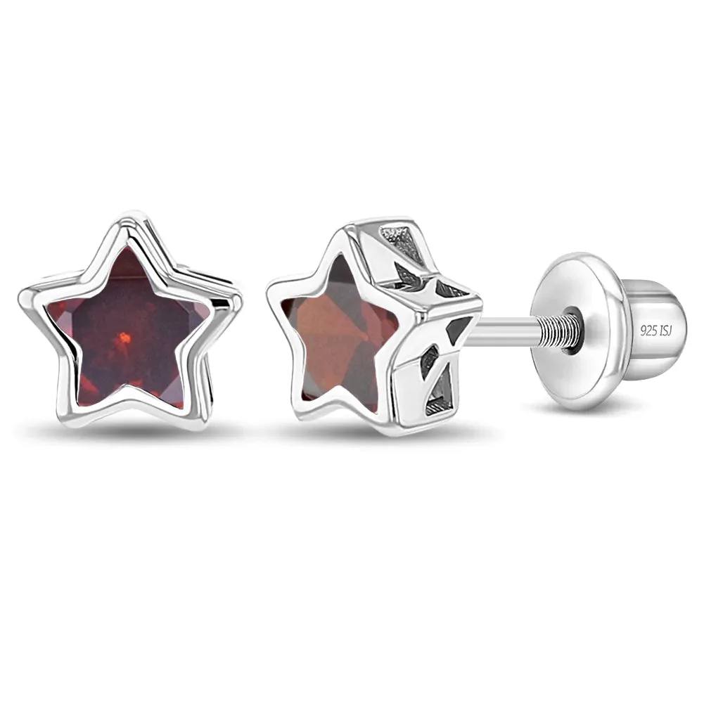 CZ Birthstone Stars Kids / Children's / Girls Earrings Screw Back - Sterling Silver