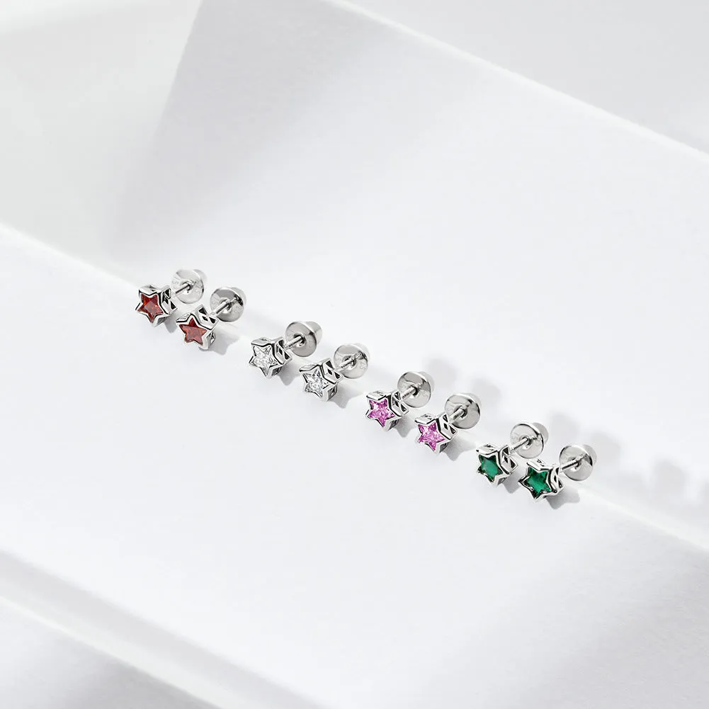 CZ Birthstone Stars Kids / Children's / Girls Earrings Screw Back - Sterling Silver