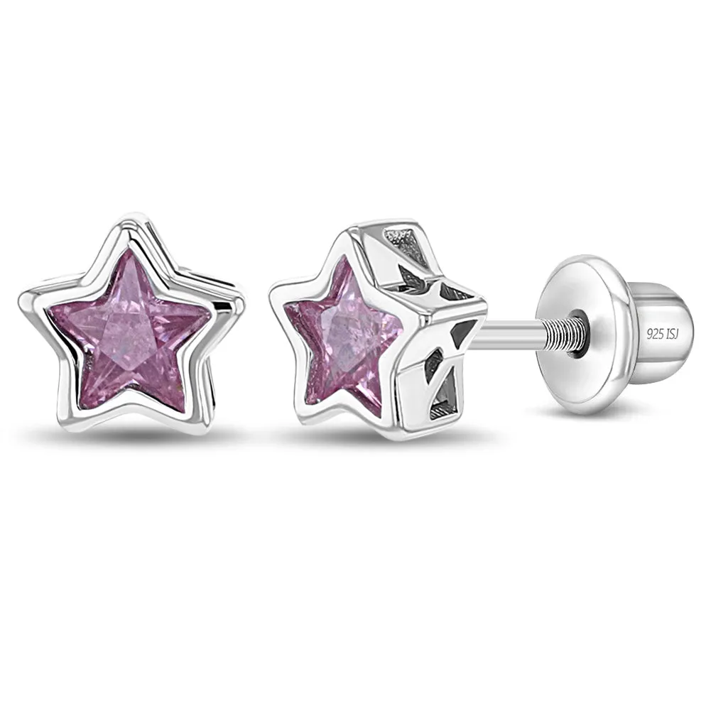 CZ Birthstone Stars Kids / Children's / Girls Earrings Screw Back - Sterling Silver