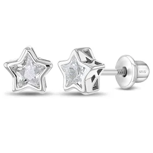 CZ Birthstone Stars Kids / Children's / Girls Earrings Screw Back - Sterling Silver