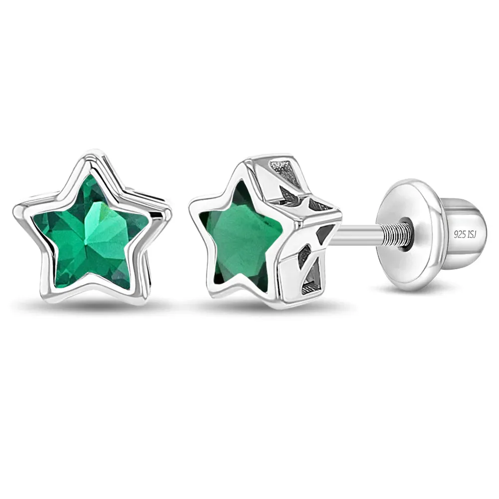 CZ Birthstone Stars Kids / Children's / Girls Earrings Screw Back - Sterling Silver