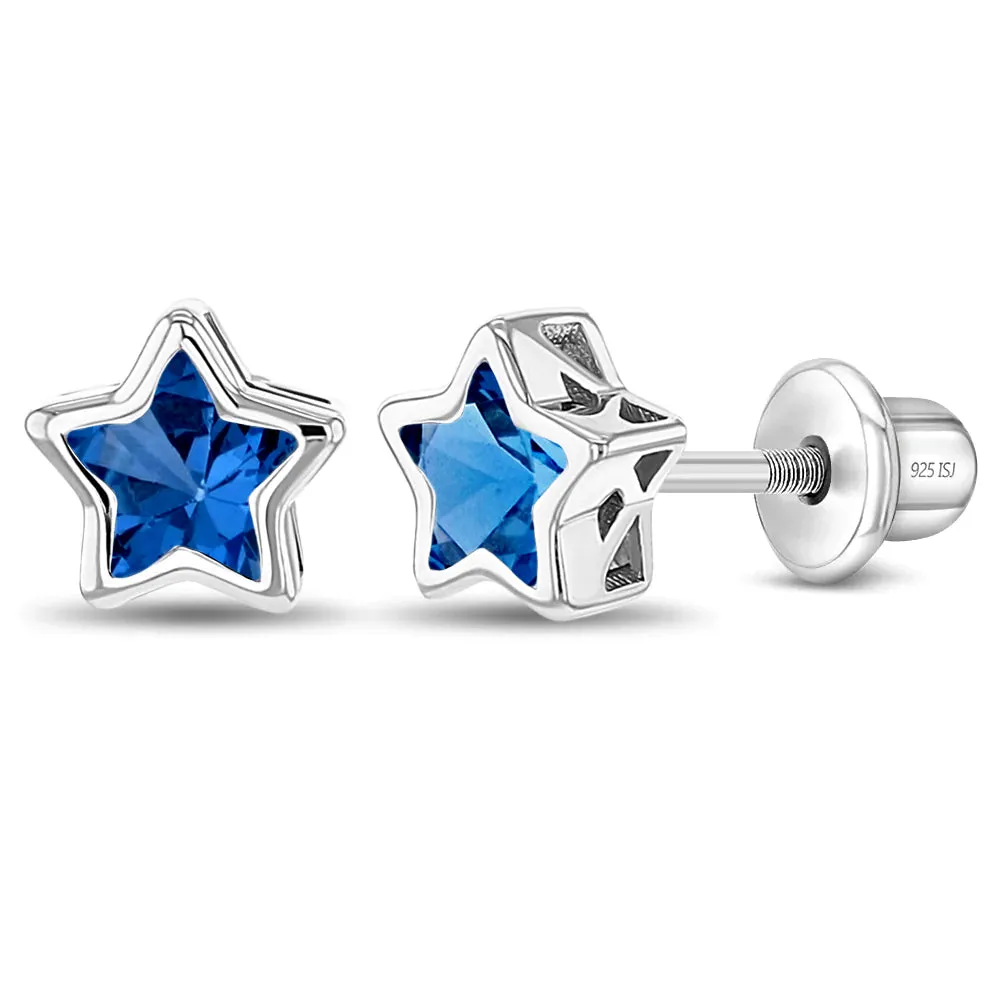 CZ Birthstone Stars Kids / Children's / Girls Earrings Screw Back - Sterling Silver