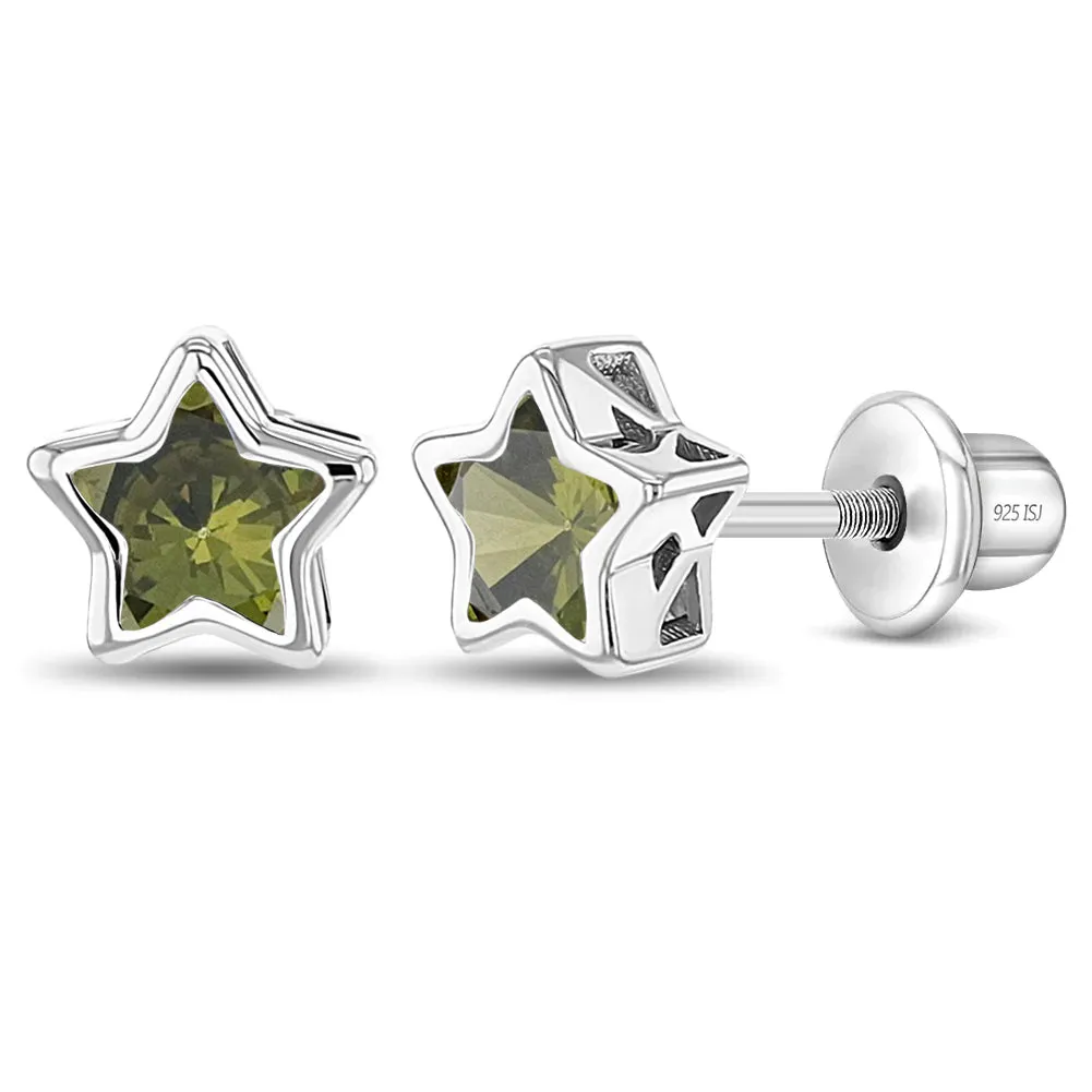 CZ Birthstone Stars Kids / Children's / Girls Earrings Screw Back - Sterling Silver