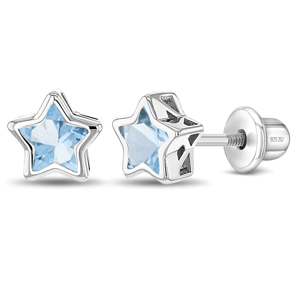 CZ Birthstone Stars Kids / Children's / Girls Earrings Screw Back - Sterling Silver