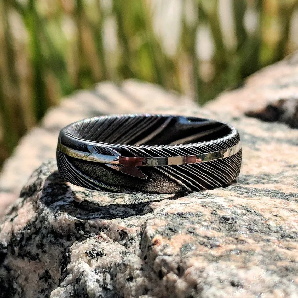 Damascus Steel Mens Wedding Band with 14k Solid White Gold Inlay