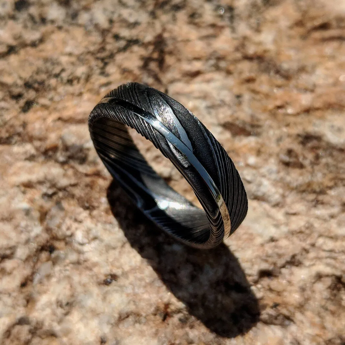 Damascus Steel Mens Wedding Band with 14k Solid White Gold Inlay