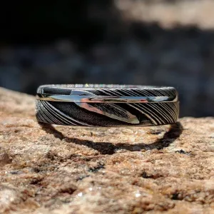 Damascus Steel Mens Wedding Band with 14k Solid White Gold Inlay