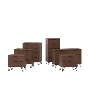 Demijen Modern Industrial 6 Piece Bedroom Set with 5 Drawer Dresser, Walnut and Matte Black