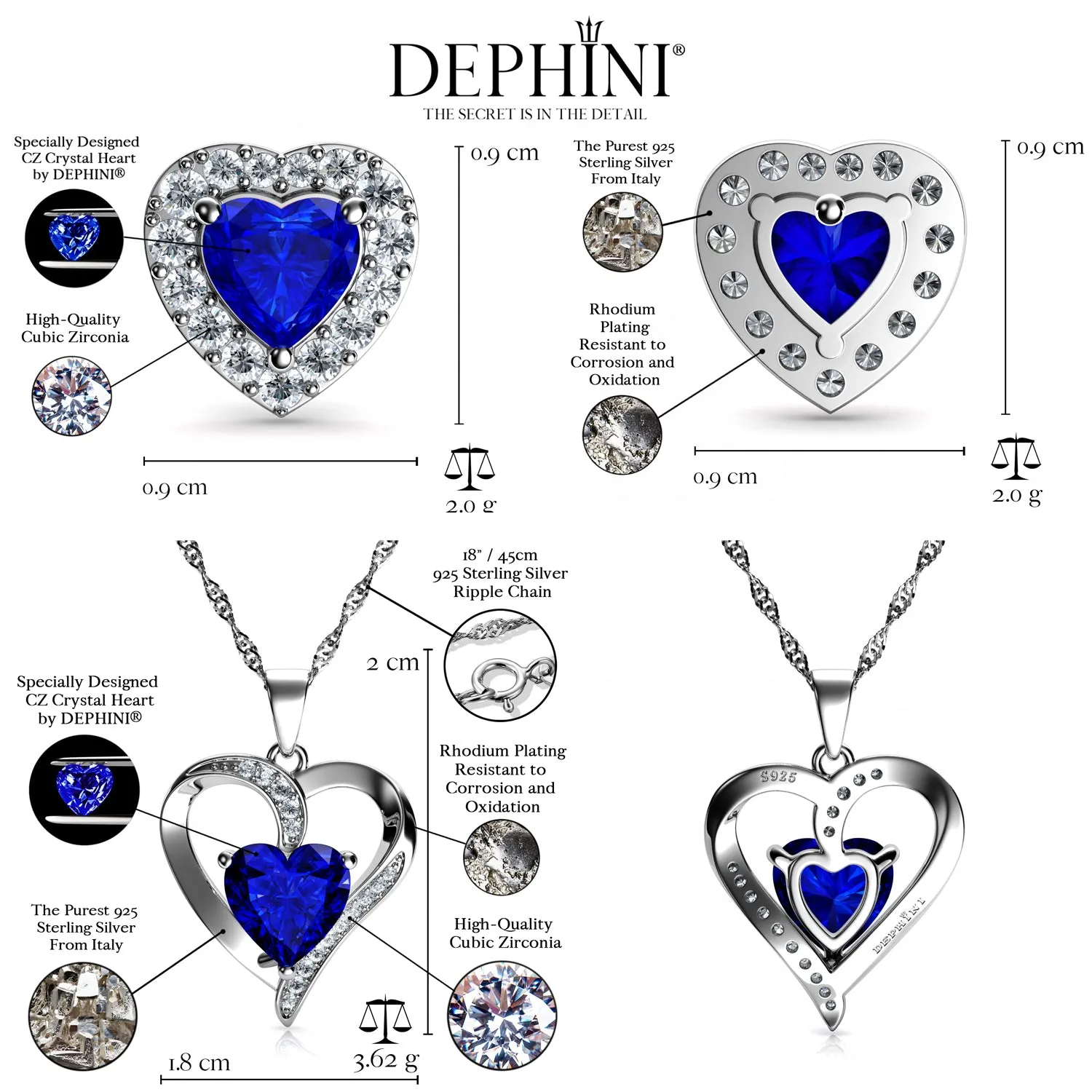 DEPHINI Blue Jewellery SET Heart Necklace & Heart Earrings Silver