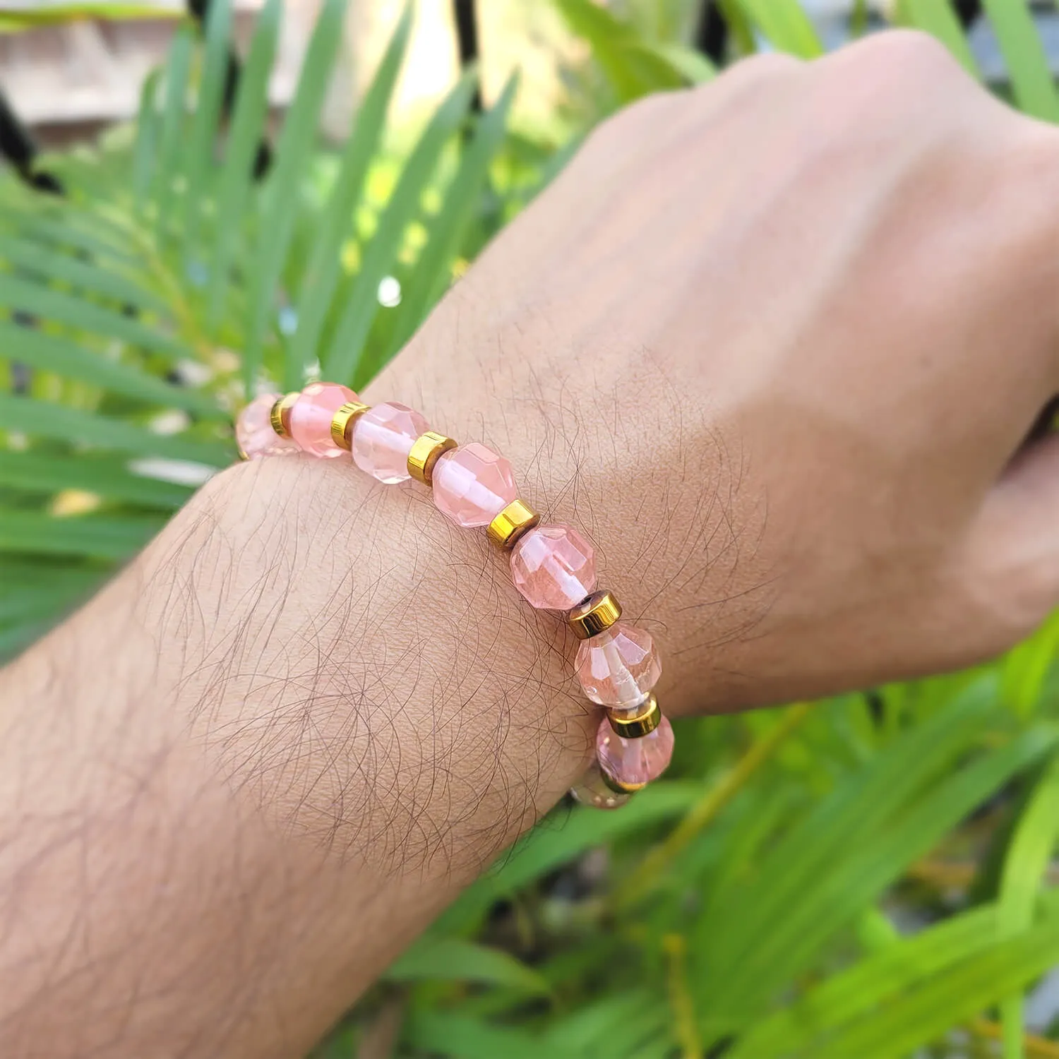 Diamond Cut Strawberry Quartz With Golden Hematite Natural Stone Bracelet