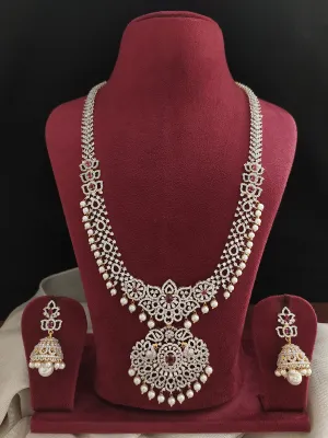 Diamond Finish Zircon Long Haram Set with Ruby and White Stones