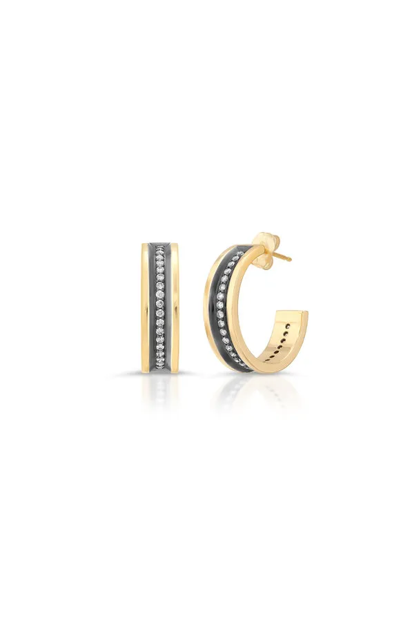 Diamond Line 14K Yellow Gold Hoops with Black Ruthenium Trim