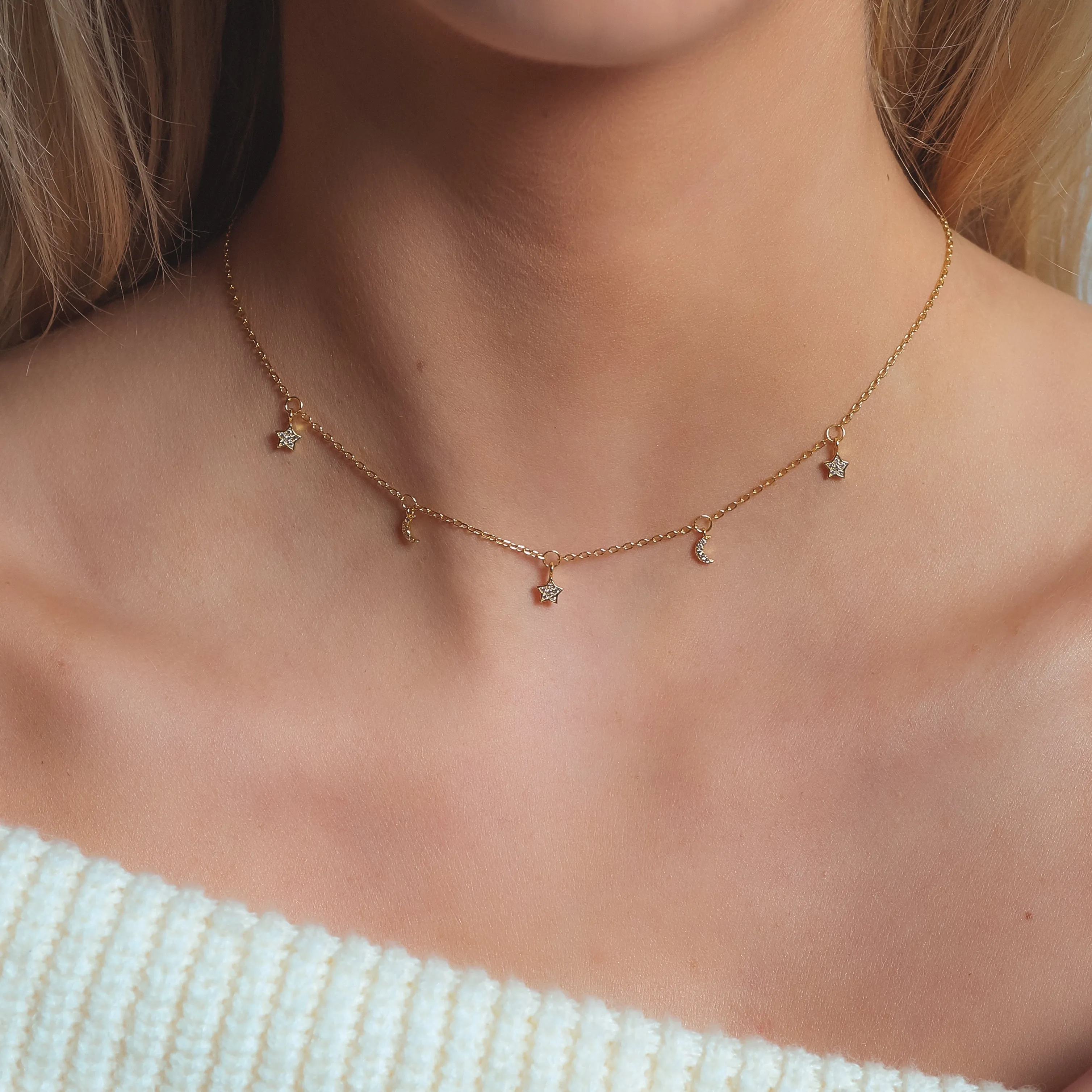 Elsie Star & Moon Charm Necklace | 18k Gold Plated