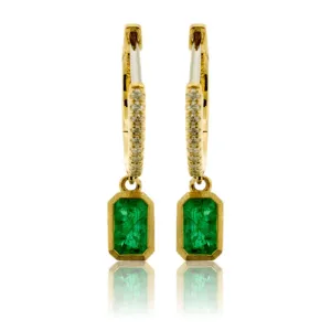 Emerald Cut Dangle Emerald & Diamond Bezel Earrings