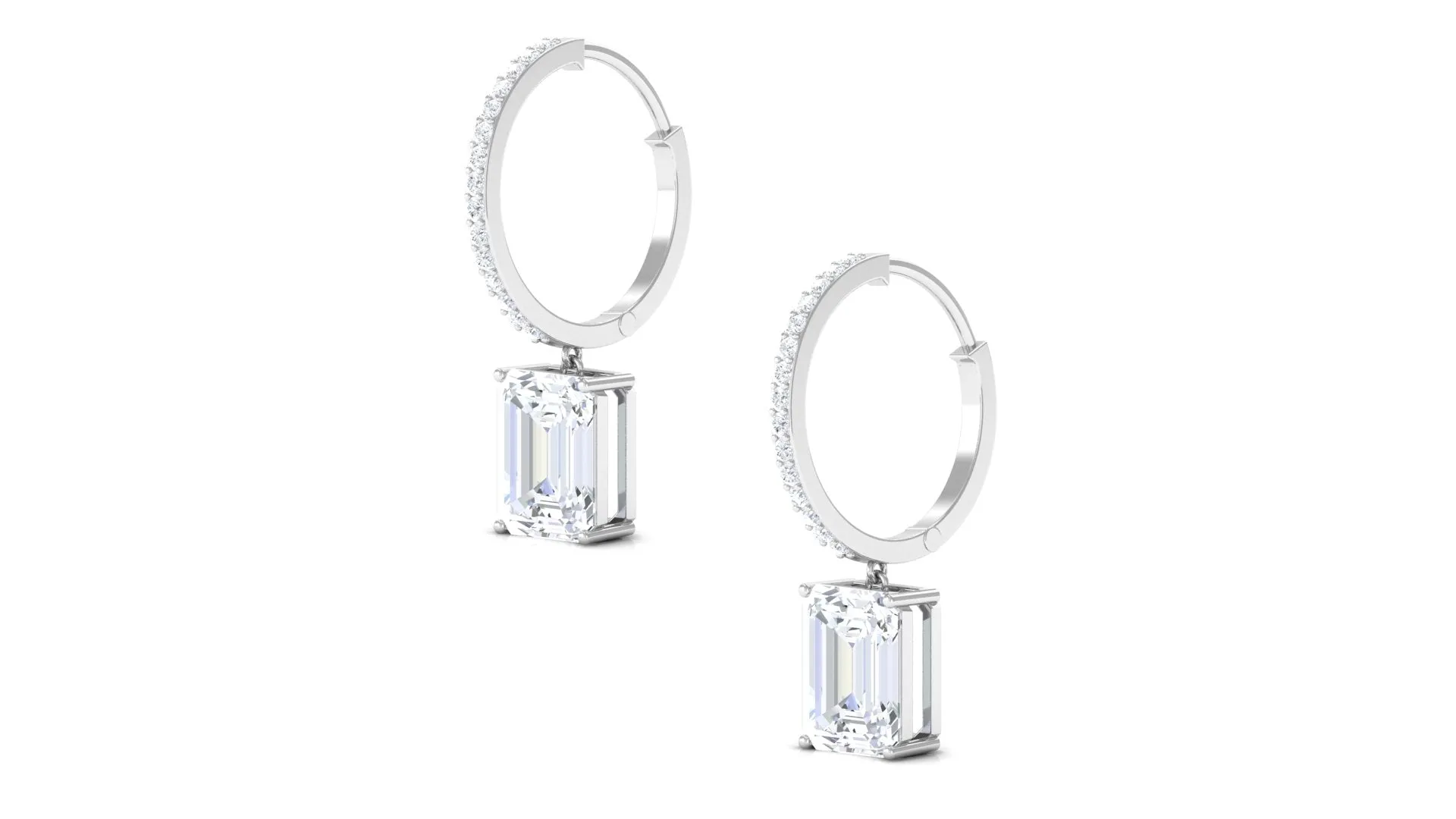 Emerald Cut Moissanite Drop Hoop Earrings