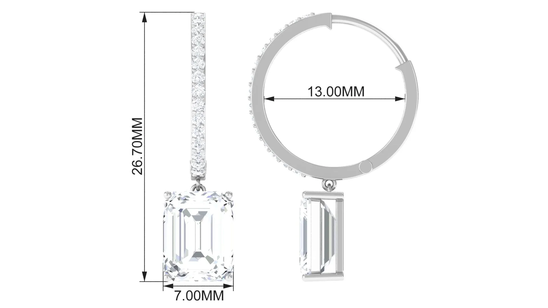 Emerald Cut Moissanite Drop Hoop Earrings