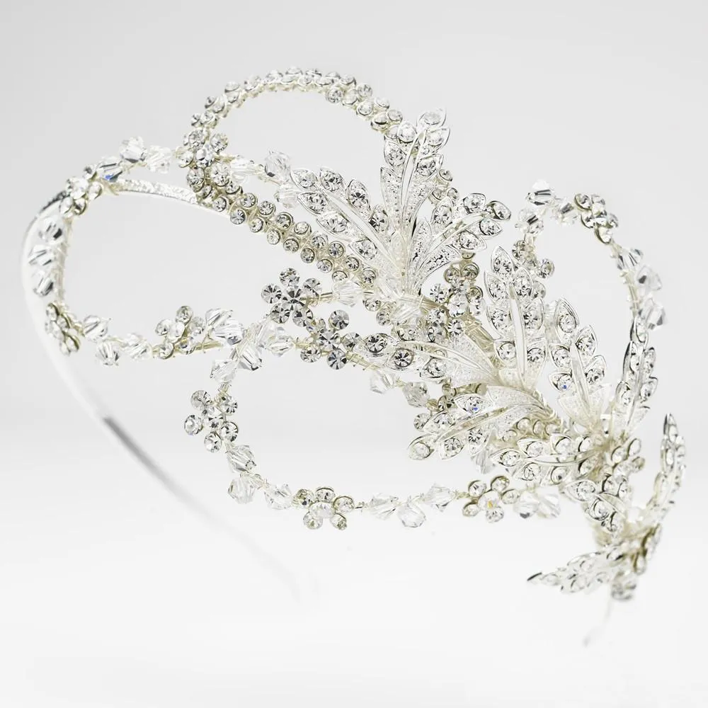 Extravagant Side Accented Crystal Leaf & Flower Petal Headband in Silver