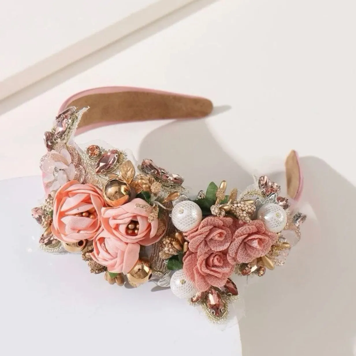 Festive Floral Headband - Handmade Headpiece, Rhinestone Headband, Holiday Headpiece, Beaded Headband